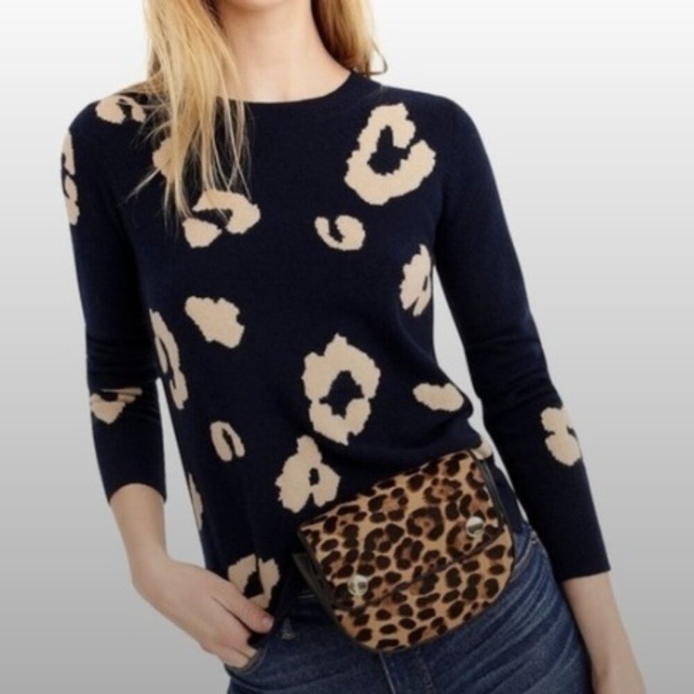 J. Crew Black and Cream Animal Print V-Neck Sweater